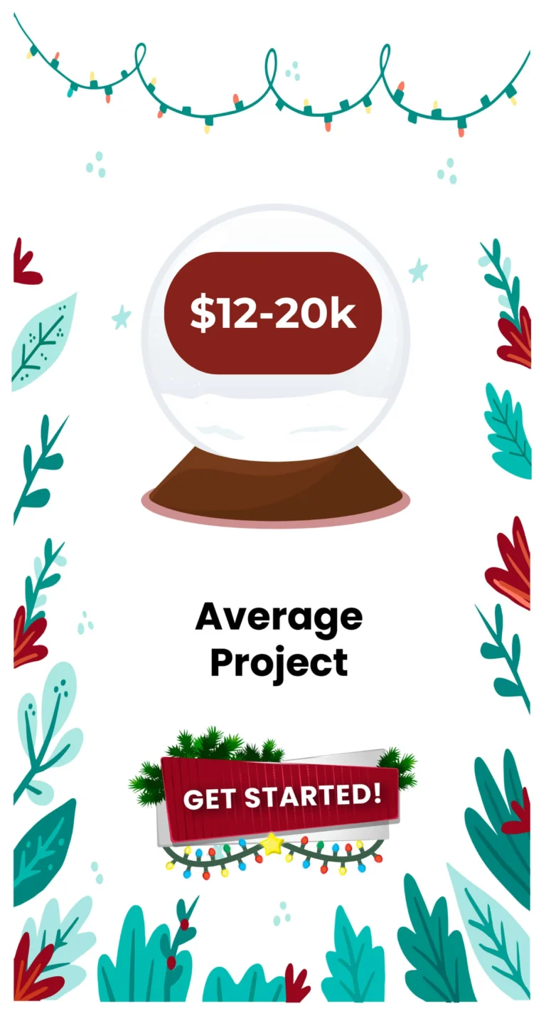 Holiday pricing card highlighting a $12-20K budget for an 'Average Project,' featuring festive decorations and a snow globe design.