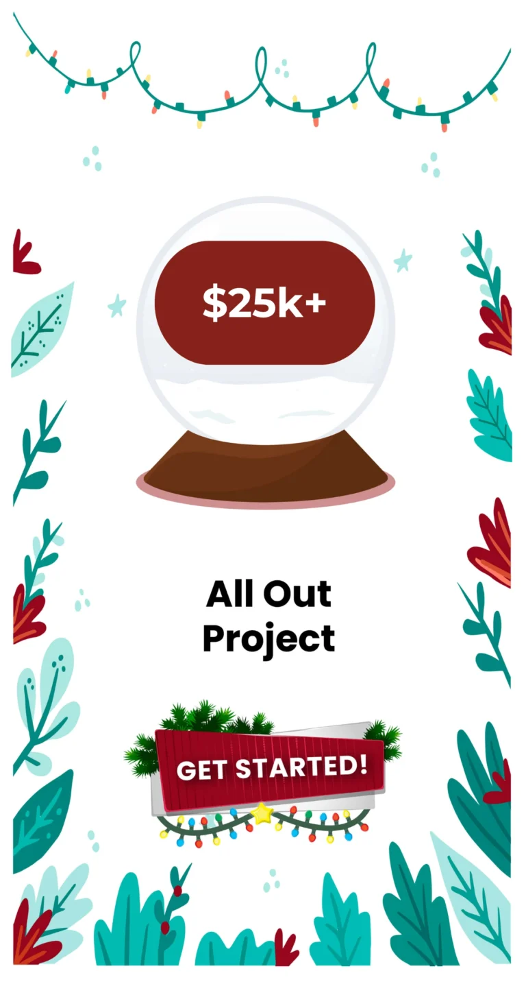 Premium holiday display pricing card showcasing a $25K+ budget for an 'All Out Project,' with a Christmas-themed layout.