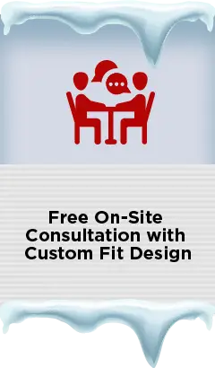 A graphic design featuring a red icon of two people sitting at a table, with one wearing a Santa hat and a speech bubble between them, symbolizing a consultation. The background has an icy, frosted border effect. Below the icon, the text reads: "Free On-Site Consultation with Custom Fit Design."